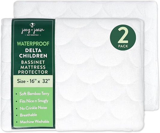 Joey + Joan Waterproof Bassinet Mattress Pad Cover Compatible with Delta & Simmons Bassinet – 2 Pack Quilted Mattress Protector Made from Ultra Soft Bamboo Viscose Terry – 16" x 32"
