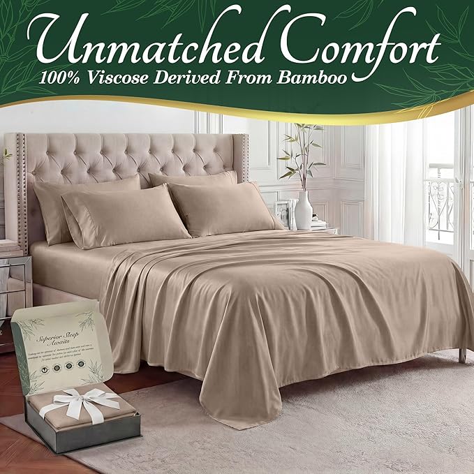 DECOLURE 100% Viscose Derived from Bamboo Sheets Twin Size - Luxury 4 Pc Naturally Cooling Sheets, Ultra Soft Bed Set - Deep 17" Pockets, Durable Double Stitching, Oeko Tex Standard (Taupe)
