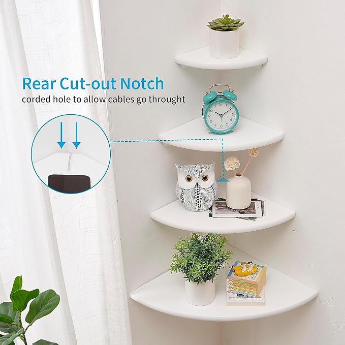 Corner Shelves, Floating Corner Shelf, Set of 2 White Solid Oak Wood Wall Shelves, Round End Wall Mount with Wire Hole Shelving for Small Plant for Bedroom Kitchen, Living Room 8.7" - Image 2