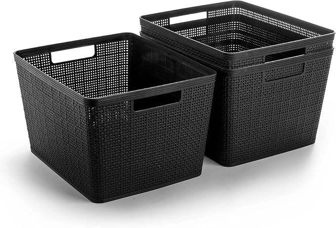 BINO | Woven Plastic Basket | Large (Black), 3-Pack | THE JUTE COLLECTION | Home Organization, Space - Saving Storage, Stylish Design | Jute Basket | Plastic Storage Basket by BINO