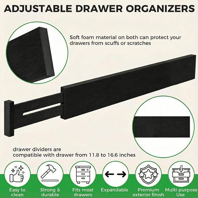 4 Pack Bamboo Kitchen Drawer Dividers 2.6" High, Adjustable from 12 Inch to 17 Inch Drawer Organizers, Expandable Drawer Separators for Clothes, Bedroom, Dresser, Office (Black) - Image 2
