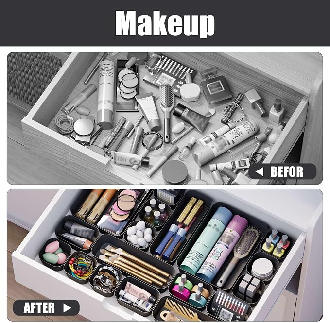 Plastic Drawer Organizers, 10 PCS Drawer Organizer Bins, Bathroom and Vanity Organizer Plastic Tray, Makeup Organizer and Storage for Makeup, Bedroom, Kitchen Gadgets Utensils and Office (Black) - Image 7