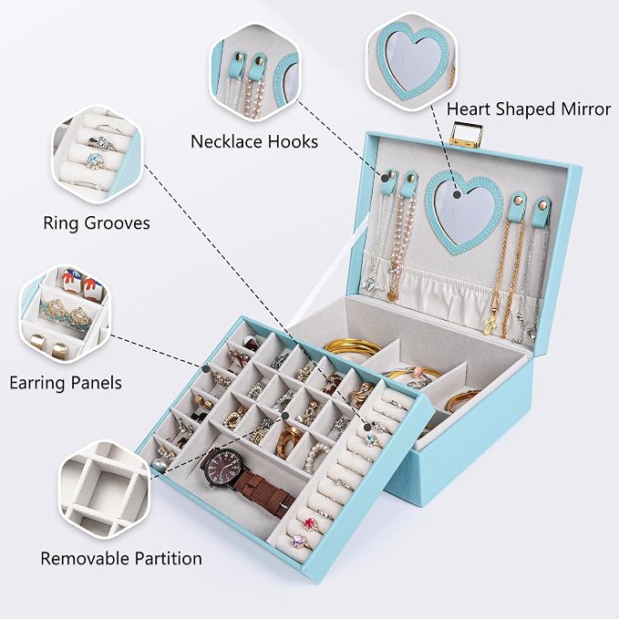 Dajasan Jewelry Box for Teenage Girl Gifts, Jewelry Organizer Box for Little Girls Kids, 2-Layer Large Jewelry Gift Box for Christmas, Valentine's Day, Birthday, Mother's Day (Blue) - Image 5