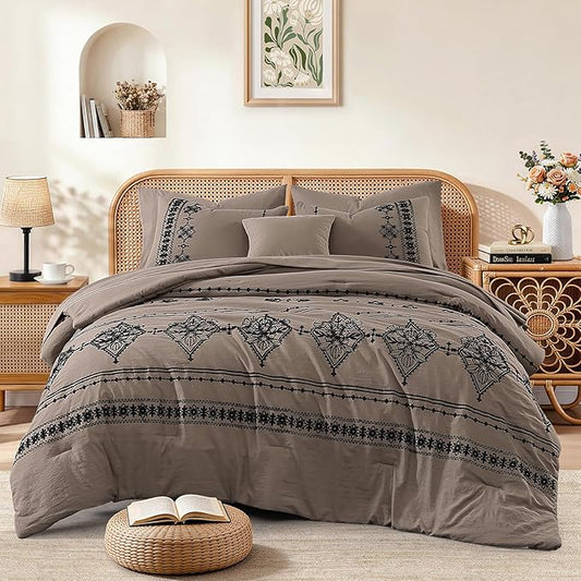MaiRêve Full Size Comforter Set Taupe Grey, Embroidery Floral Western Boho Bedding Set, All Season 7 Pieces Bed in a Bag with Sheets, Pillowcases & Shams