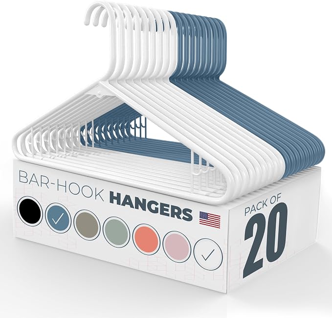 Neaties Plastic Hangers 20 Pack - Made in the USA - 6lb Capacity Standard Clothes Hangers with Strap Hooks for Dresses, Lingerie, Shirts, Pants, and Jackets - White & Blue by NeatiesHangers