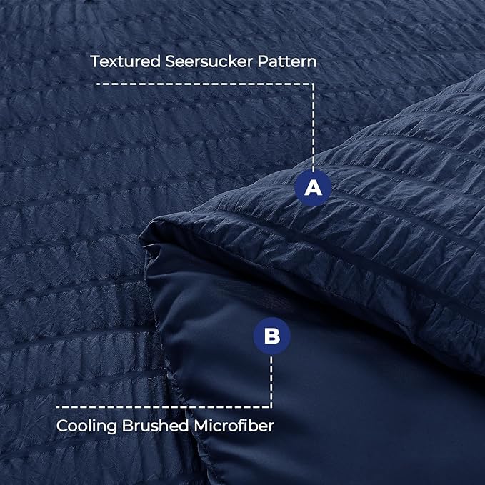 HYMOKEGE Navy Blue King Size Comforter Set Seersucker 7 Pieces, All Season Luxury Bed in a Bag for Bedroom, Bedding Set with Comforters, Sheets, Pillowcases & Shams