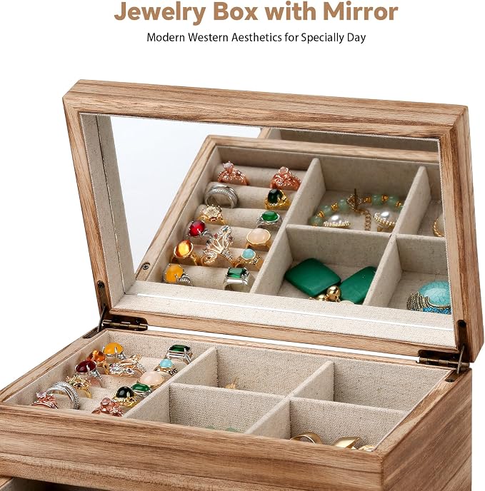 Meangood Jewelry Box Organizer for Women, 2 Layer Large Jewelry Storage Case, Rustic Wooden Jewelry Box with Mirror & Ring Tray for Necklace Earring Bracelets Rings, Vintage Style (Torched Wood) - Image 4
