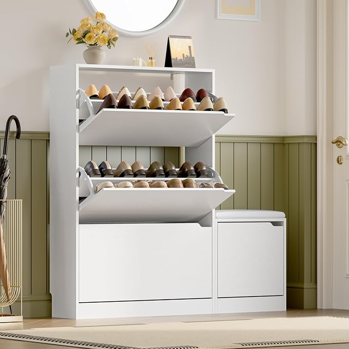 BORNOON Shoe Cabinet with Bench and 3 Flip Drawers, Slim Narrow Shoe Storage Cabinet, Freestanding Shoe Rack Organizer with Adjustable & Removable Shelves, Anti-Tip for Entryway, Hallway, Foyer by BORNOON