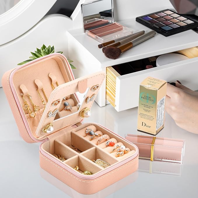 Neveika Jewelry Box with Mirror,Small Jewelry Organizer Box，Travel Jewelry Case for Women，Gift Jewelry Boxes for Female Girls (2pcs mirror pink) - Image 5