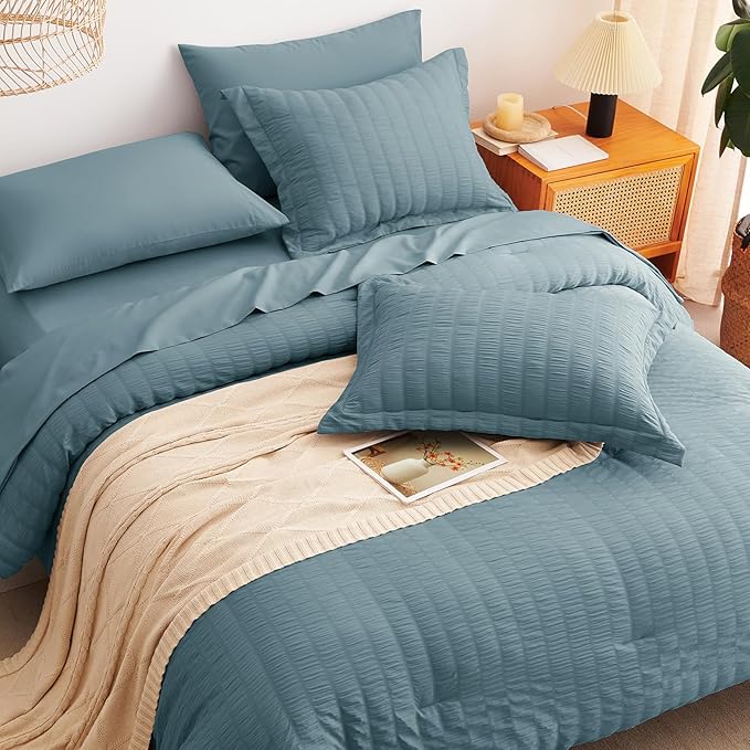 CozyLux King Size Comforter Set Mineral Blue Seersucker 7 Pieces Bed in a Bag King Comforter Set with Sheets, Luxury Soft Bedding Sets with Down Alternative Comforter, Sheets, Pillowcases & Shams