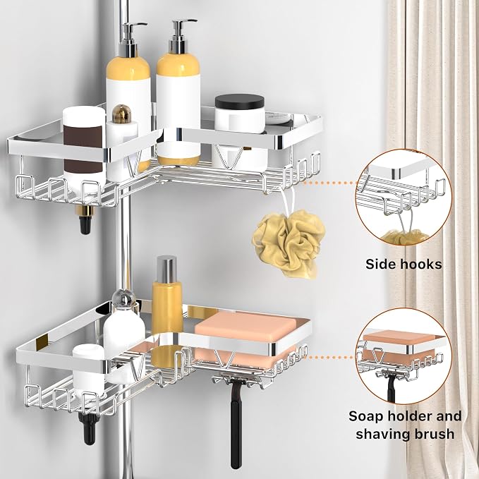 KEGII Corner Shower Caddy Tension Pole - Chrome 4-Tier Adjustable Shower Tension Rod Organizer with Hooks & Soap Holders, 25-114.2 Inch Stainless Steel Shower Storage Rack for Renters & Family - Image 3