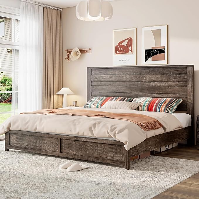 LUXOAK 3 Pcs Bedroom Furniture Sets,Includes Farmhouse King Size Bed Frame with 49" Tall Headboard and Nightstand Sets of 2 with Charging Station, Slated Handles & Stainless Steel Feet, Rustic Grey