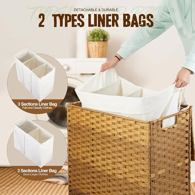Greenstell Laundry Hamper with Lid, 125L Large Clothes Hamper with 3 Section & 2 Section Removable Liner Bags & 5 Mesh Laundry Bags, Handwoven Synthetic Rattan Divided Laundry Basket, Natural - Image 2