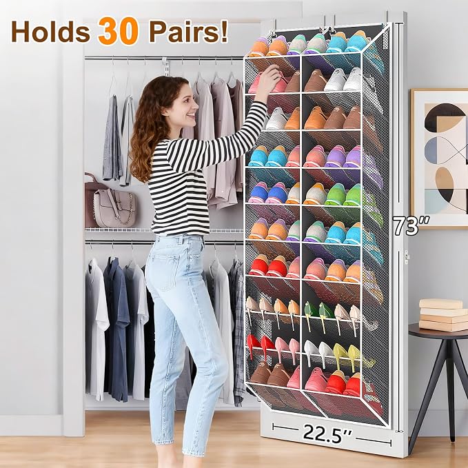 20-30 Pairs Over the Door Shoe Organizer, Breathable Mesh Pocket Hanging Shoe Storage for Closet, 10-Tier Door Shoes Rack, Handing Shoes Holder Fit All the Family's Sneakers, Boots, Heels, Dark Grey - Image 2