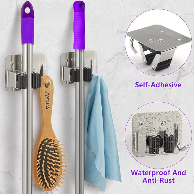 Broom Holder Wall Mount Screw Drilling, Sturdy Heavy Duty Stainless Steel Mop Gripper Rack Perforated, Perfect for Laundry Room Organizer, Fit with Laundry Kitchen Garage Garden Storage System - Image 4