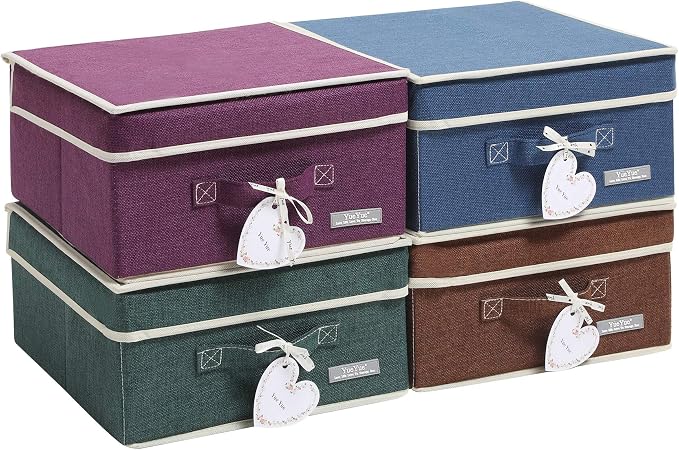 YueYue Foldable Fabric Closet Organizer Bins Box Storage - 4 Pack 12.4 X 12 X 6.7 Inch Storage Bins With Lids 4 Dark Color Boxes - Bins Storage Box Cloth Basket Pack Lid by YueYue