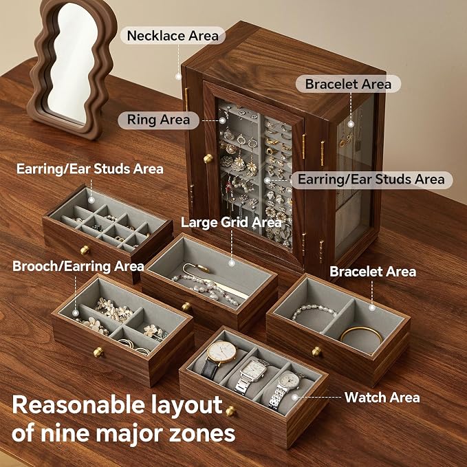 Wooden Jewelry Box for Women, 360 Rotating Design,Large Jewelry Organizer with Velvet Lining, 5 Drawers, Transparent Glass Doors, Black Walnut Wood Grain, Jewelry Storage Organizer - Image 3