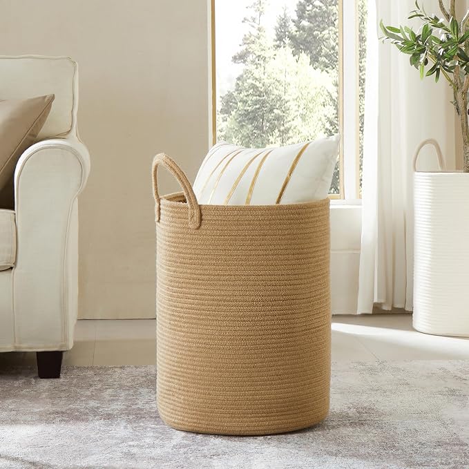 15Dx20H Inches Jute Woven Laundry Hamper Basket Wicker Rope Clothes Hamper Tall Rattan Blanket Basket in Living Room Bedroom 62L Large Capacity - Image 7