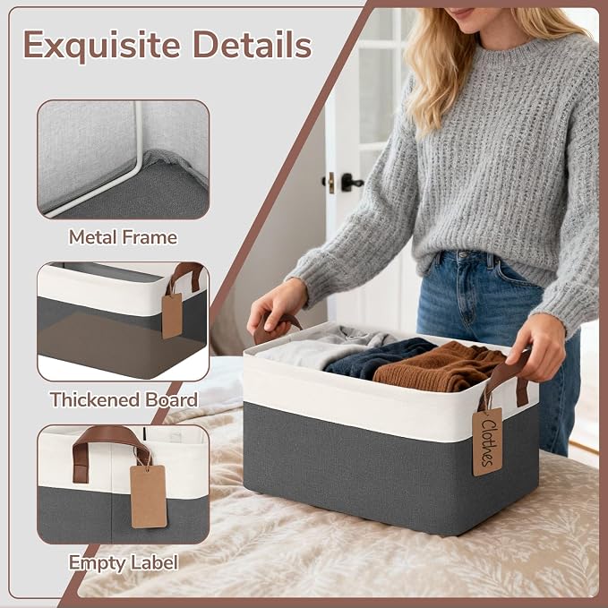 CHICVITA 4 Pack Storage Baskets for Shelves, Closet Organizers and Storage Bins with Handles, Fabric Toy Bins for Nursery Living Room, 14.8" x 10.3" x 8.3", Gray & White - Image 5