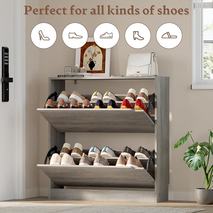 BORNOON Shoe Cabinet with 2 Flip Drawers, Slim Narrow Shoe Storage Cabinet, Freestanding Shoe Organizer with Adjustable & Removable Shelves, Top Display Shelf for Entryway, Hallway, Foyer, Closet - Image 4
