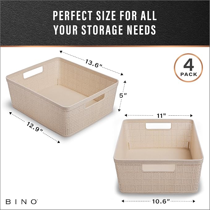 BINO - Woven Plastic Basket, Medium (Natural), 4-Pack, The Jute Collection, Home Organization, Space-Saving Storage, Stylish Design, Jute Basket - Image 3
