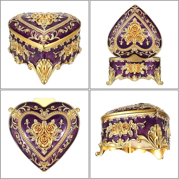 Hipiwe Decorative Jewelry Box Purple Vintage Jewelry Storage Case with Rose Pattern Heart Shaped Treasure Chest Box for Earrings Ring Necklace Keepsake Organizer - Image 8