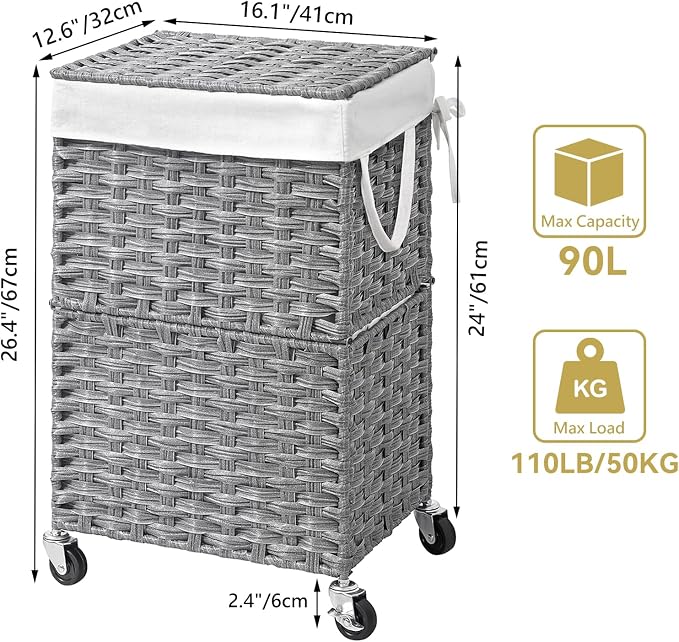 Chrislley 90L Slim Laundry Hamper with Wheels, Rolling Laundry Basket with Lid and Renovable Liner Bag, Handwoven Rattan Organizer for bedroom, bathroom, laundry room (Grey) - Image 6