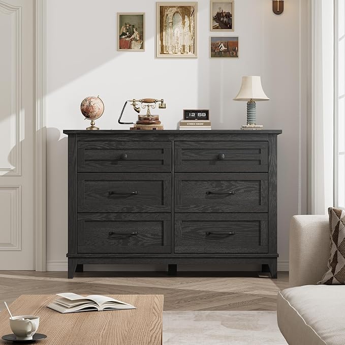 GarveeHome 6 Dresser for Bedroom, 47 in Wide Drawer Dresser with Storage Freestanding, Wooden Closet Storage Chest for Living Room, Bedroom, Entryway, Dark Black
