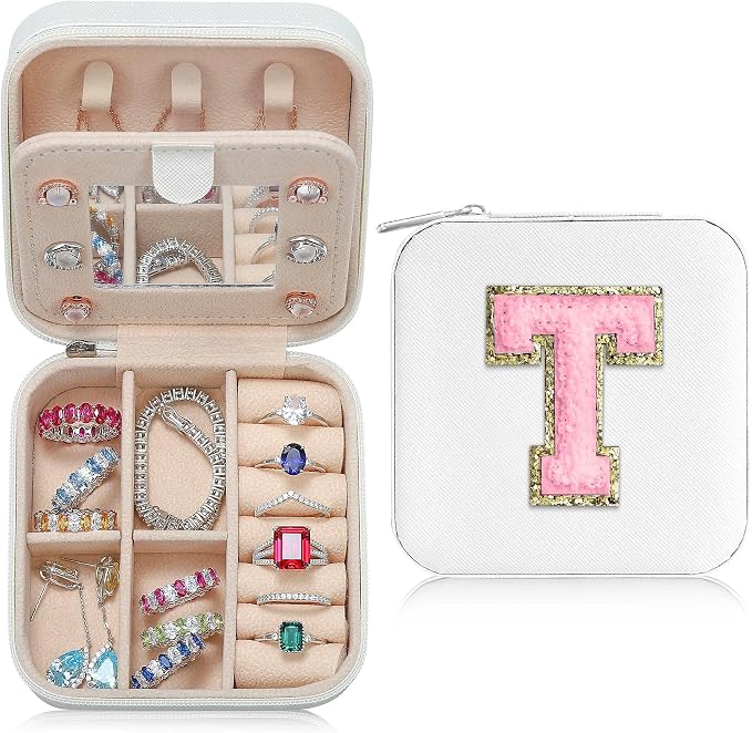 Parima Travel Jewelry Case, Organizer Box Small Case Boxes for Women Mini Initial T White by PARIMA
