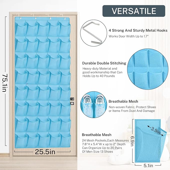 40-Pocket Over the Door Shoe Organizer - Large Mesh Pocket Hanging Shoe Organizer,Behind the Door Shoes Storage Holder Hanger - Image 3
