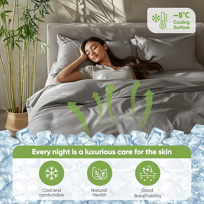 TWK Luxury Sheet Set, Genuine 100% Organic Viscose Derived from Bamboo, Cooling & Breathable, Silky Soft, Bedding Sheets & Pillowcases (Gray, Queen)