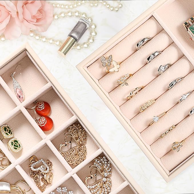 LANDICI Stackable Jewelry Organizer Trays 4 Set,PU Leather Jewelry Organizer Drawer,Jewelry Storage Display Tray for Earring Necklace Rings Bracelet with Removable Dividers,Apricot - Image 3