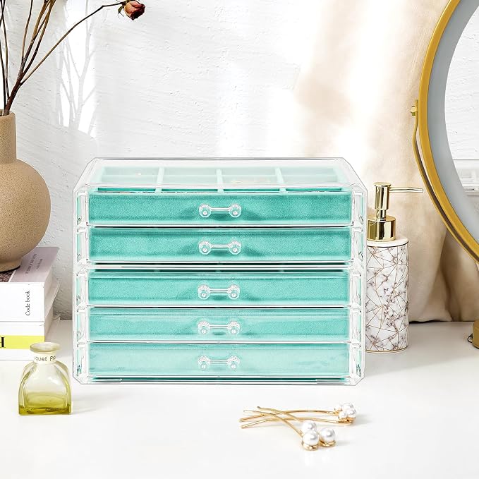 ProCase Earring Holder Organizer Jewelry Box with 5 Drawers, Acrylic Clear Earring Case with Adjustable Velvet Trays for Women - Aqua, 5 Layers - Image 6