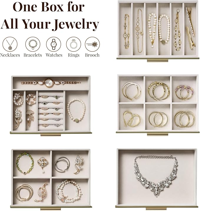 Jewelry Box Organizer Case for Women: 5-Layer Jewelry Storage Case with Glass Window, Olive Green Leather with Cream Velvet, Holder for Ring Necklace Bracelet Brooch Watch, Great Gift for Her - Image 2