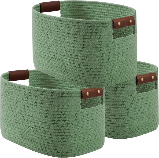 ECDYQXVU Cotton Rope Basket, Storage Baskets with Handle, 15x10x9 Inch Woven Basket for Shelves, Laundry, Towels, Clothes, Books (Green 3Pack) by ECDYQXVU