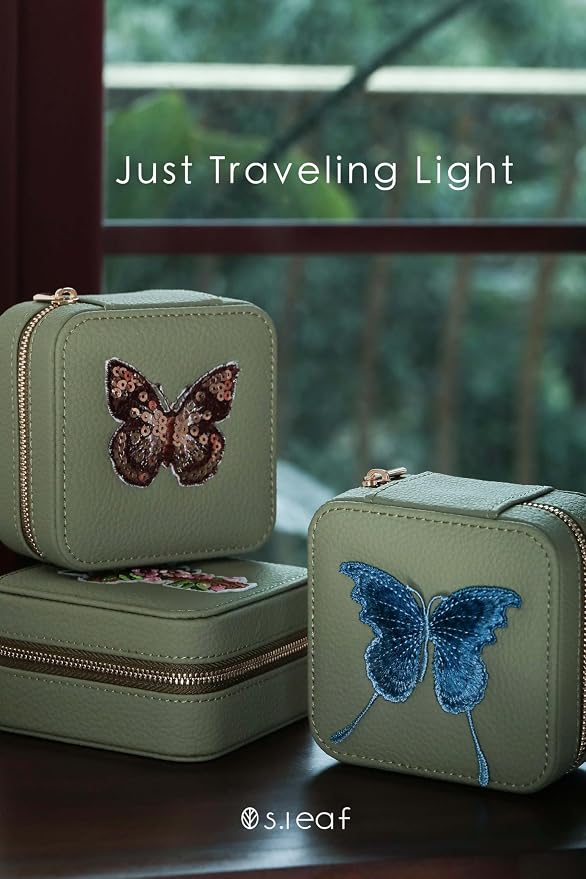 S.Leaf Travel Jewelry Organizer Boxes for Women Small Portable Necklace Earrings Bracelet Rings Travel Case Best Friend Birthday Gifts for Women Trendy (Butterfly_Fadegreen_Gray) - Image 4