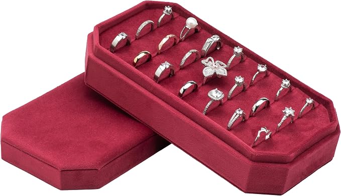 Velvet Ring Organizer Display Tray Jewelry Box Earring Holder Case for Wedding Birthday Christmas Day (Red) by COWFEX