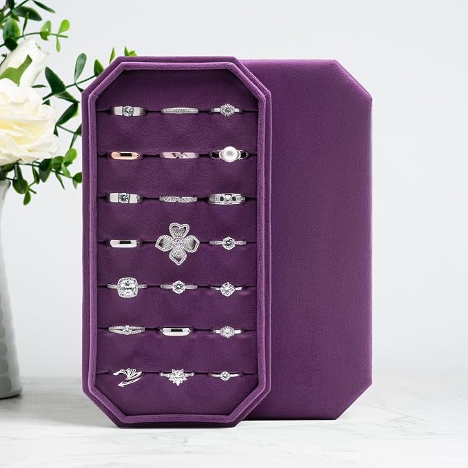 Velvet Ring Organizer Display Tray Jewelry Box Earring Holder Case for Wedding Birthday Christmas Day (Purple) - Image 2