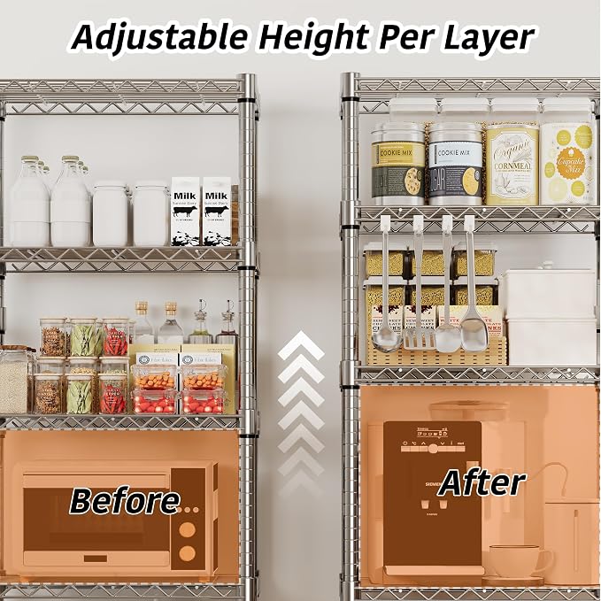 Garvee 5-Tier Storage Shelves Heavy Duty Metal Wire Rack Shelving, 1100 LBS Capacity Rolling Storage Rack with Wheels, for Living Room Pantry Kitchen Bedroom Organization - Image 4