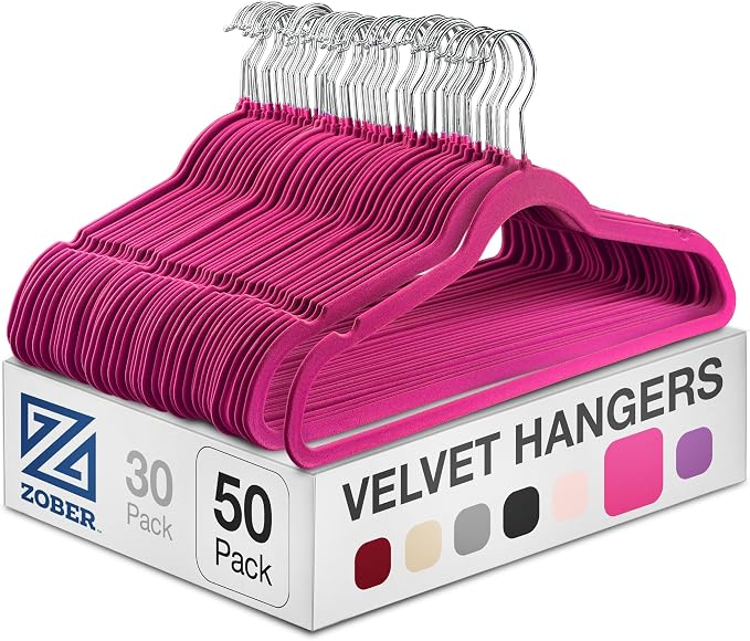 Zober Velvet Hangers 50 Pack - Heavy Duty Pink Hangers for Coats, Pants & Dress Clothes - Non Slip Clothes Hanger Set - Space Saving Felt Hangers for Clothing by ZOBER