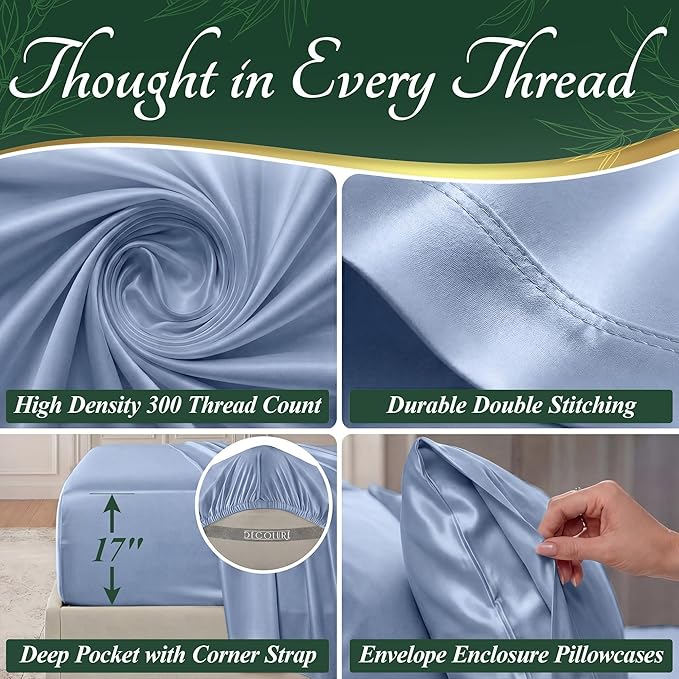 DECOLURE 100% Viscose Derived from Bamboo Sheets Twin Size - Luxury 4 Pc Naturally Cooling Sheets, Ultra Soft Bed Set - Deep 17" Pockets, Durable Double Stitching, Oeko Tex Standard (Light Blue)