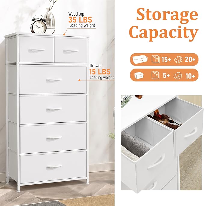 Fabric Dresser for Bedroom, Tall Skinny Dresser with 6 Drawers, Storage Organizer Tower, Steel Frame Wooden Top for Closet, Living Room, Hallway(White) - Image 6
