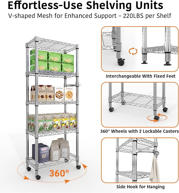 Garvee 5-Tier Storage Shelves Heavy Duty Metal Wire Rack Shelving, 1100 LBS Capacity Rolling Storage Rack with Wheels, for Living Room Pantry Kitchen Bedroom Organization - Image 6