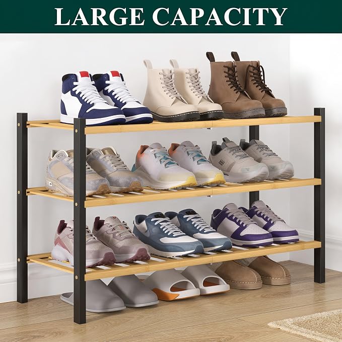 Smiry Bamboo Shoe Rack for Closet, 3 Tier Wooden Stackable Shoe Organizer, Free Standing Shoes Storage Shelf for Entryway, Front Door Entrance, Natural & Black - Image 4