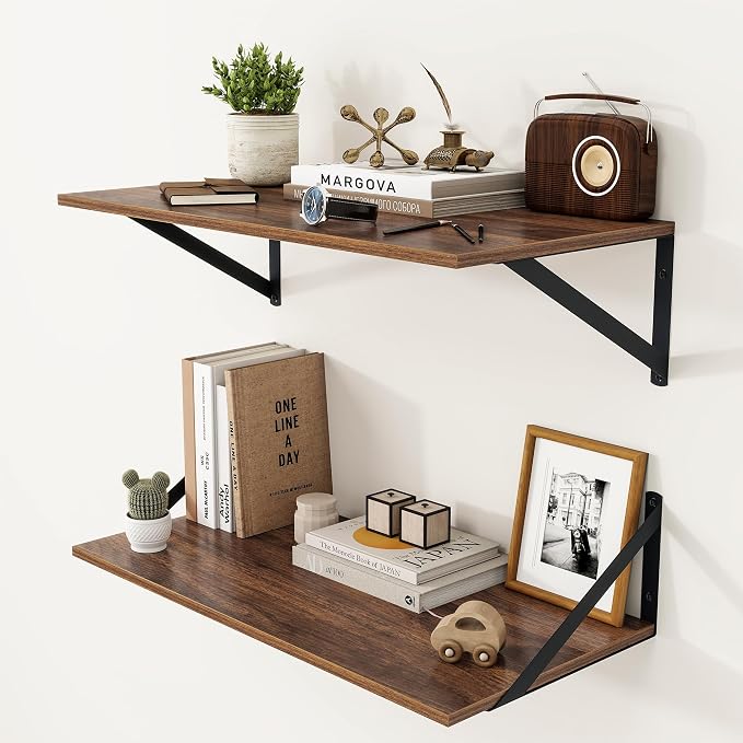 Heimlove 12 Inch Deep Floating Shelves for Wall, 24W x 12D Wood Wall Shelves Set of 2, Walnut Wide Floating Bookshelf for Living Room, Kitchen, Office, Bedroom, with Black Metal Bracke - Walnut by Heimlove