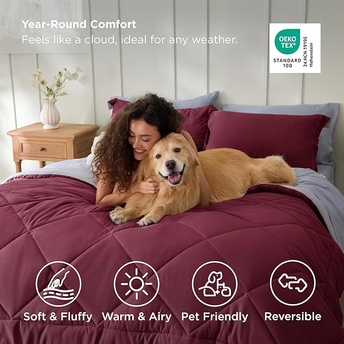 Bedsure Queen Comforter Set - 7 Pieces Reversible Burgundy Bedding, Queen Size Bed Set for All Seasons, Bed in a Bag with Down Alternative Comforter, Sheets, Pillowcases & Shams