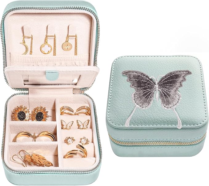 S.Leaf Travel Jewelry Organizer Boxes for Women Small Portable Necklace Earrings Bracelet Rings Travel Case Best Friend Birthday Gifts for Women Trendy (Butterfly_Hazeblue_Gray) by SLeaf