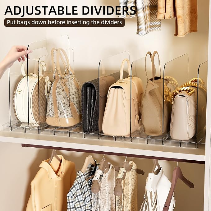 JOYZAN Stackable Purse Organizer for Closet, Adjustable Shelf Dividers for Closet Organizer Clear Acrylic Closet Purse Organizer Detachable Handbag Storage Separator Dividers for Home, Office - 4 Pack - Image 5