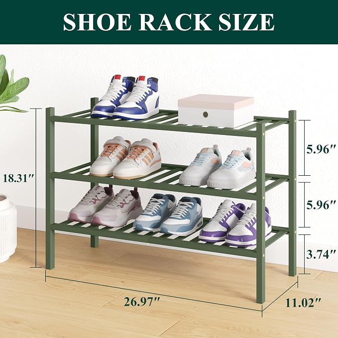 Smiry Bamboo Shoe Rack for Closet, 3 Tier Wooden Stackable Shoe Organizer, Free Standing Shoes Storage Shelf for Entryway, Front Door Entrance, Green - Image 2