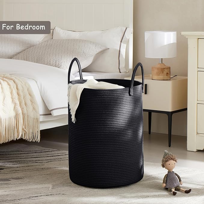 60L Black Woven Cotton Rope Laundry Hamper Basket for Clothes Tall Modern Blanket Storage Basket in Living Room Bedroom 15Dx20H inches - Image 2